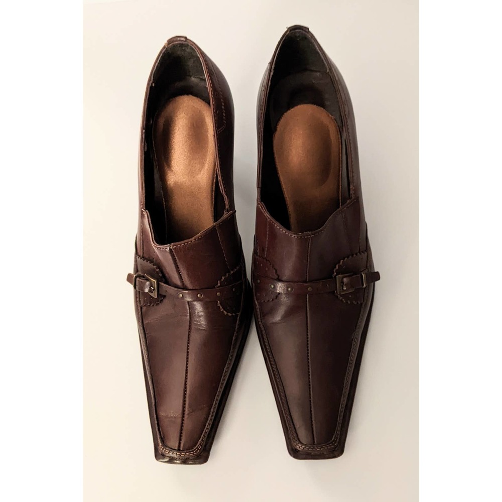 Kampgen Handmade 8.5 Brown Leather Buckle Heels Pumps Pointed Square Toe Women's - Picture 4 of 12